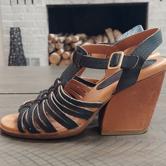 Kork-Ease ‘Pepper’ Black Leather Block Heel Sandals Sz 7 - Picture 2 of 9